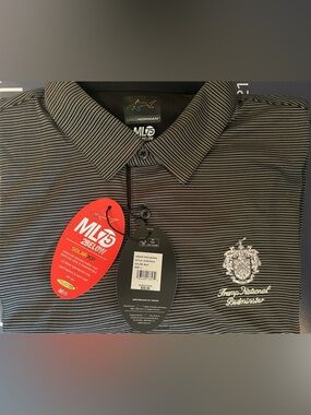 Trump National Bedminster- Greg Norman - Black and White Striped Polo with Crest